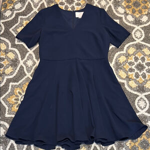 Gal Meets Glam Navy Blue Edith City Crepe V Neck Pockets Flare Midi Dress Sz 18